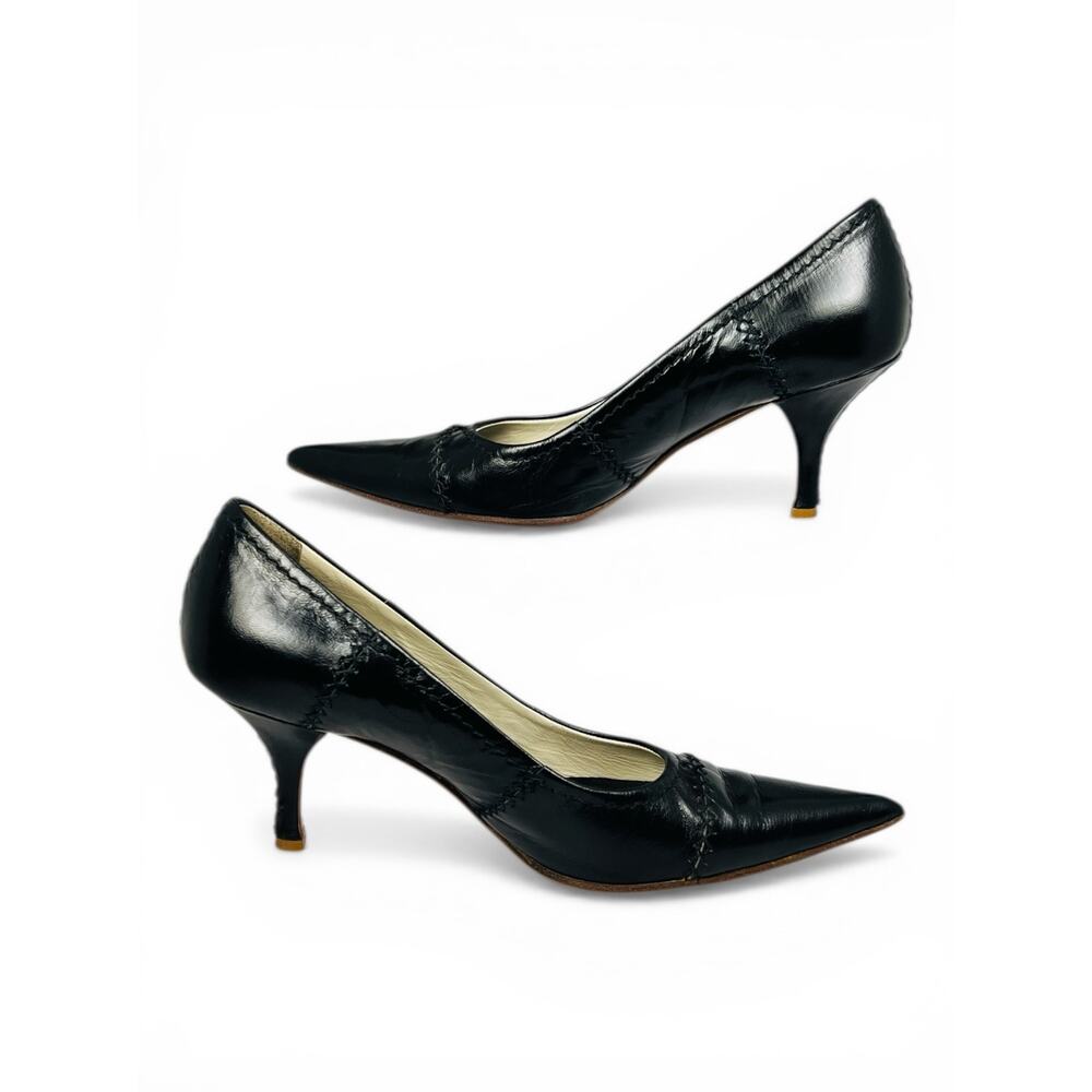 Prada Black Leather Pointed Toe Kitten Heel Pumps EU 35.5 Contrast Stitching Y2K - Picture 6 of 6